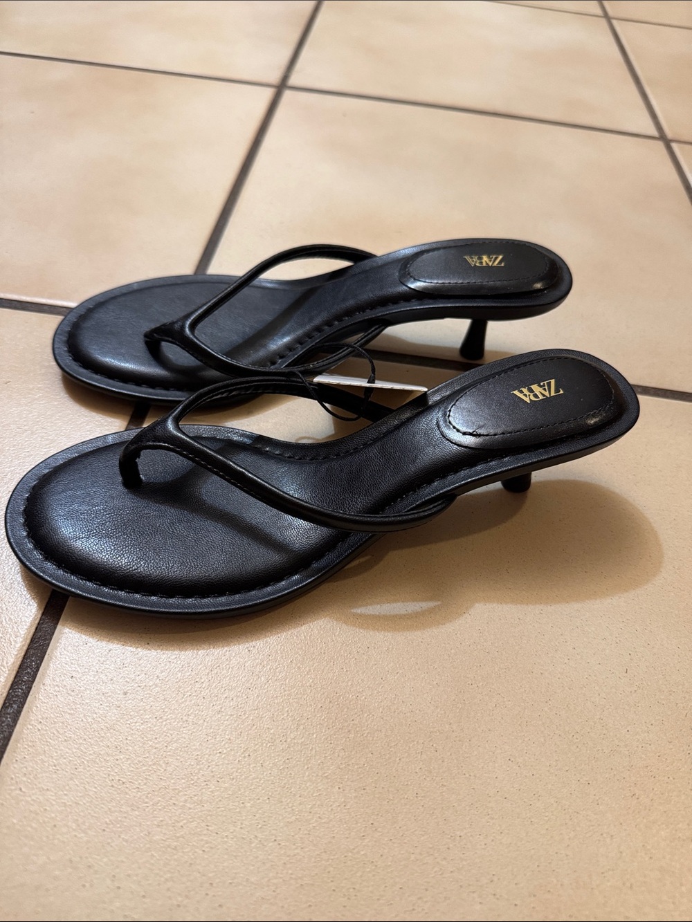 Zara Black Minimal Kitten Heel Thong Sandals